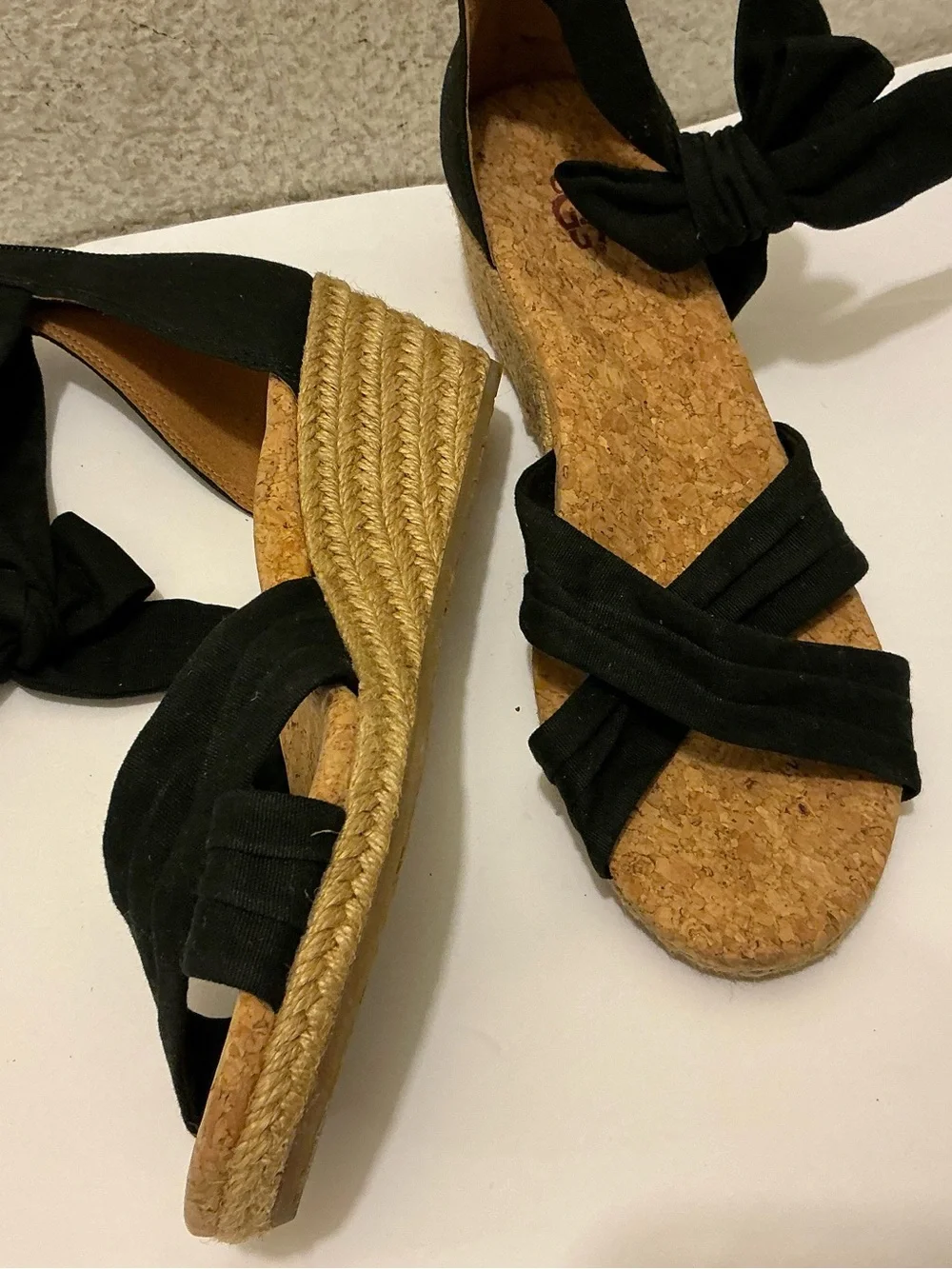 Ugg Traci Espadrille Wedge Sandals Women 7.5 Black Open Toe Ankle Bow Casual Zip